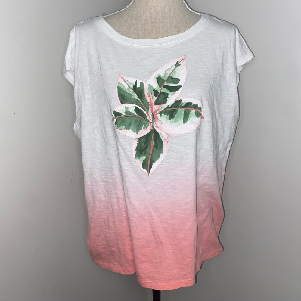 Talbots dip dye pink & white green plant graphic cap sleeve tee shirt size Large